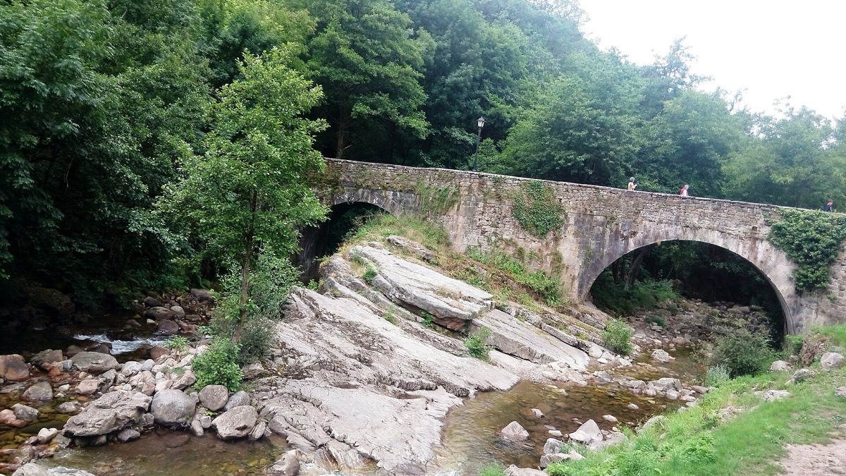 El puente de piedra sobre el río Argoza, entre árboles