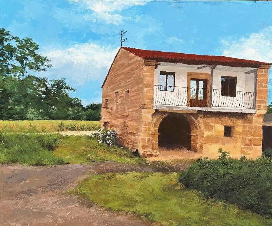 Un cuadro pintado de la casona, con el prado delante